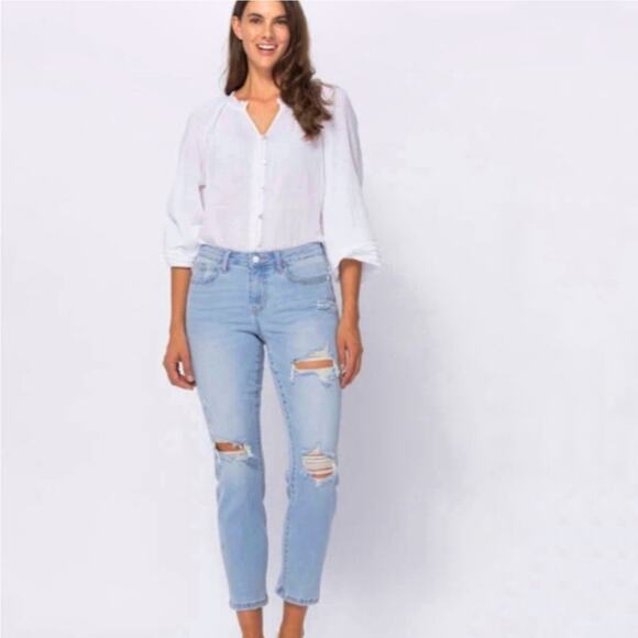 Judy Blue Distressed Blue Jeans Boyfriend Light Wash 15 32 14 Destroyed Ankle - Picture 7 of 15